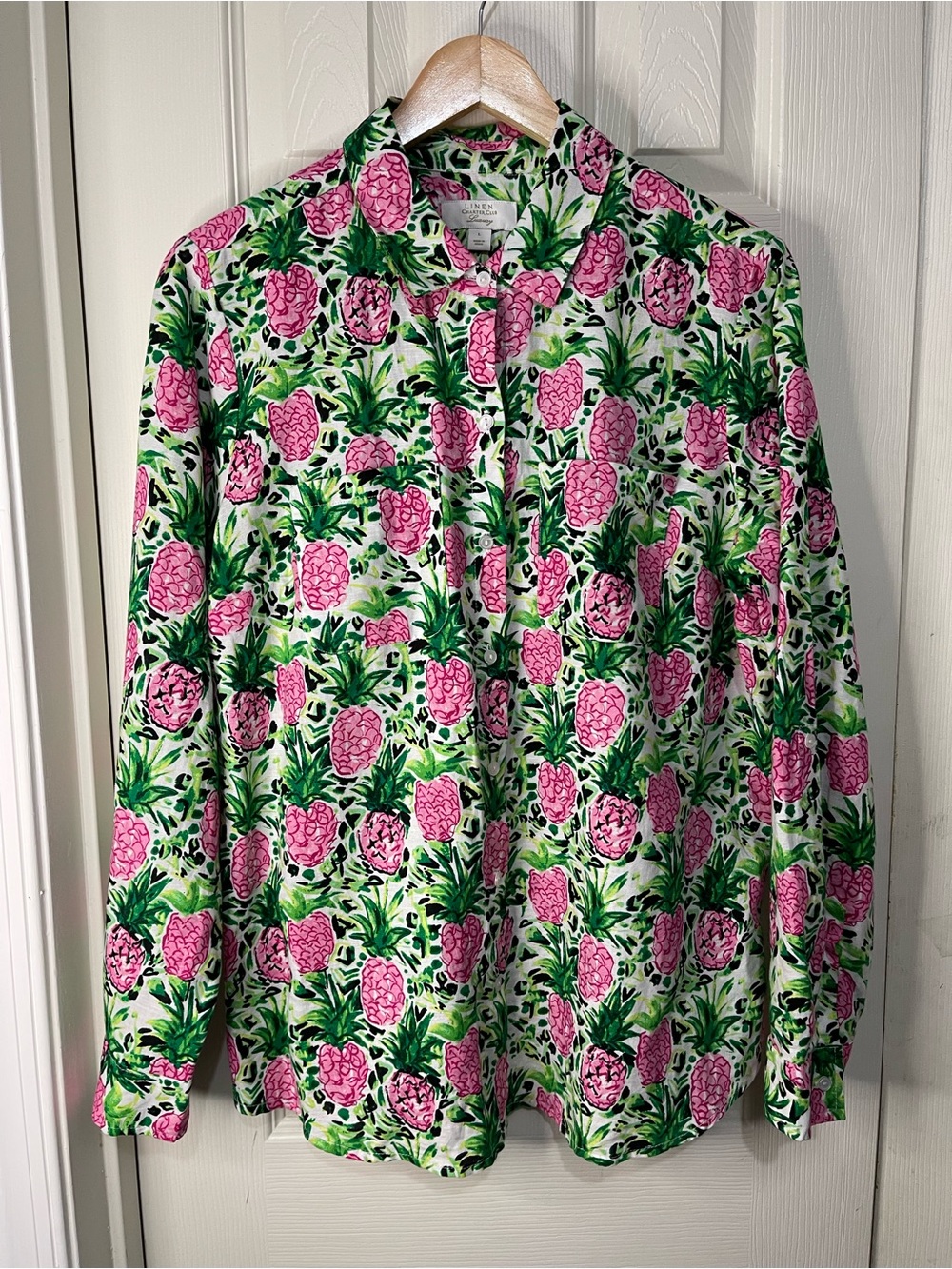 Green Floral Pineapple Tropical Vacation Luxury Linen Blend Button Front Shirt L